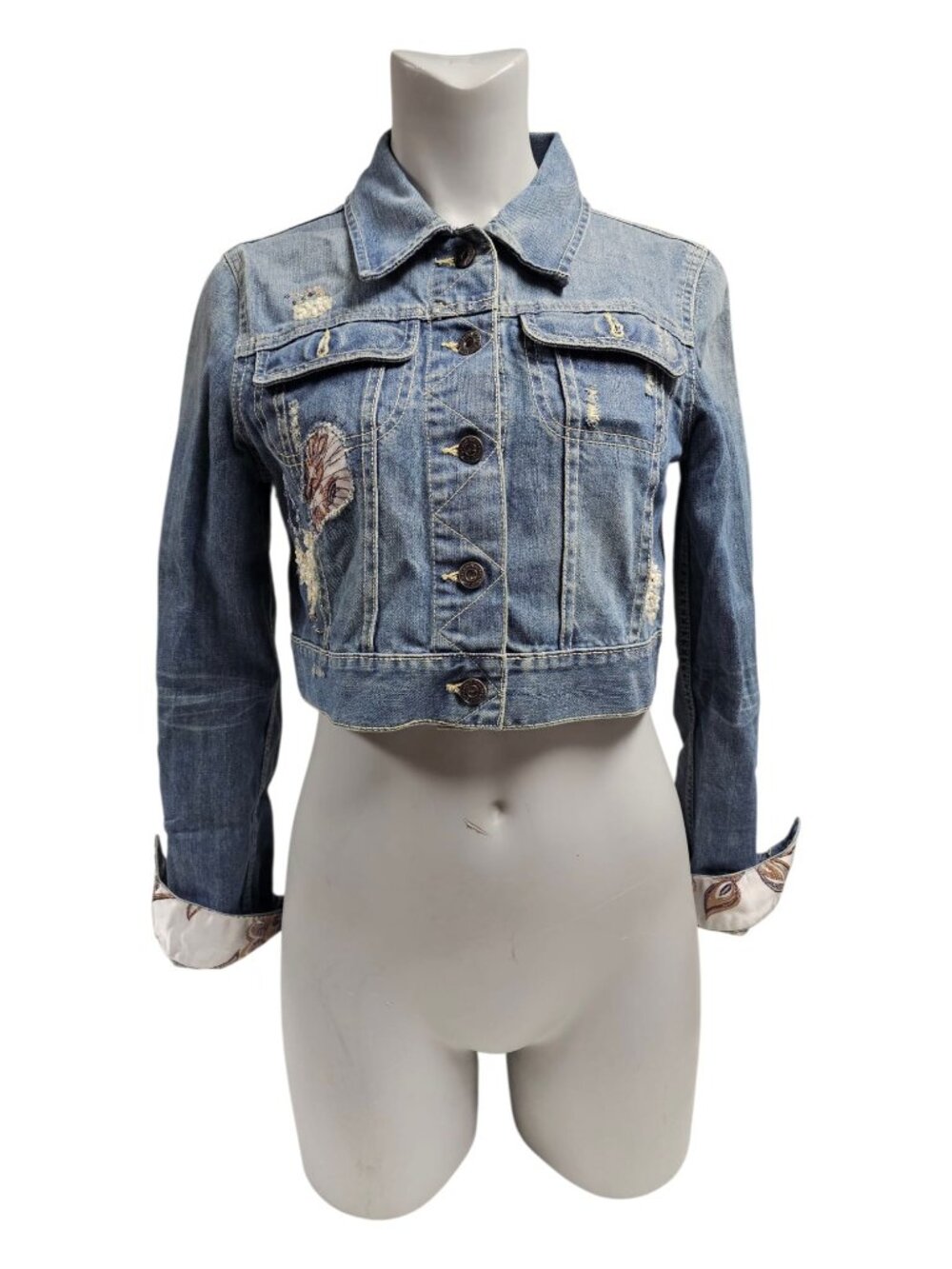 y2k Old Navy beaded and patched cropped denim jacket . M